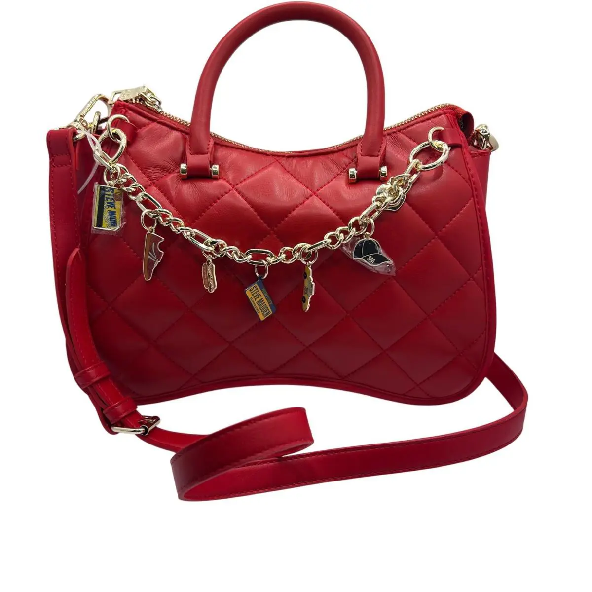 Steve Madden Vibrant Red Quilted Satchel Crossbody Bag Purse with Charm