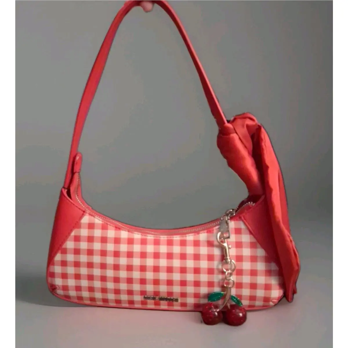 Steve Madden Handbag Small Size Red Gingham Cherry Clip On Charm Bow Zip Close