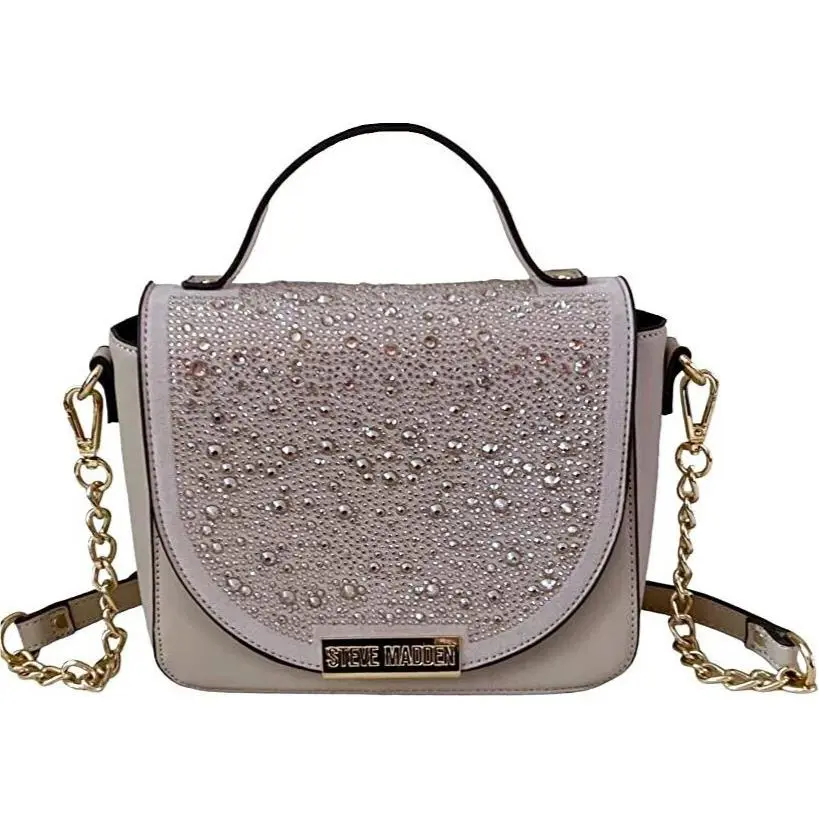 Steve Madden Bmelodie Top Handle Chain Crossbody Rhinestone Embellished Beige