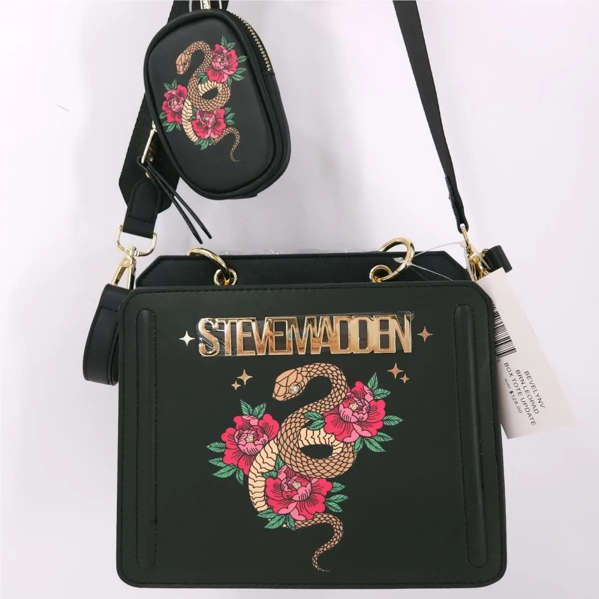 Steve Madden Bevelyn Satchel Handbag Lunar Year Snake Art Black Gold