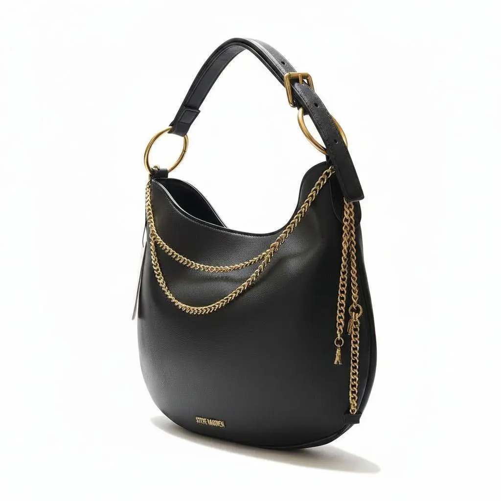 Steve Madden Black Hobo Shoulder Bag Vegan Leather Gold Chain Medium