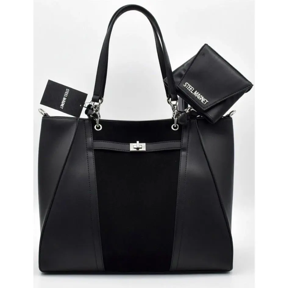 Steve Madden Black Tote Bag Shoulder Handbag w Pouch Turn Lock