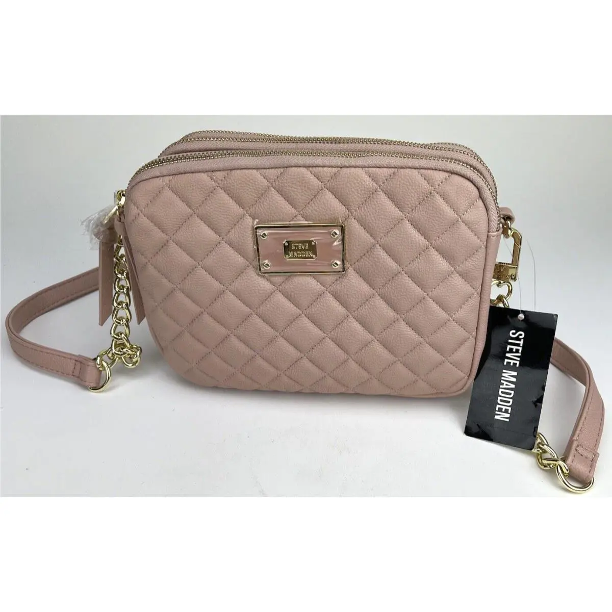 Steve Madden Womens Blush Pink Leather Quilted 3 Pocket Crossbody Bag Purse