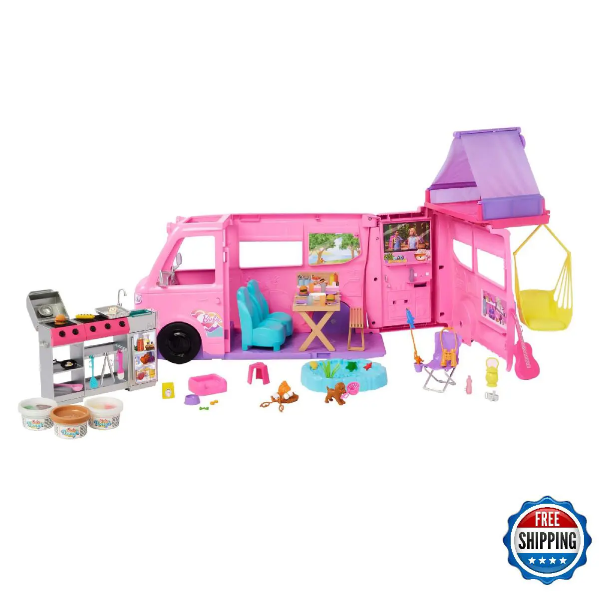 Barbie Dream Camper 2025 Playset w/ Roof Tent Swing Fishing Pond Pet Puppy