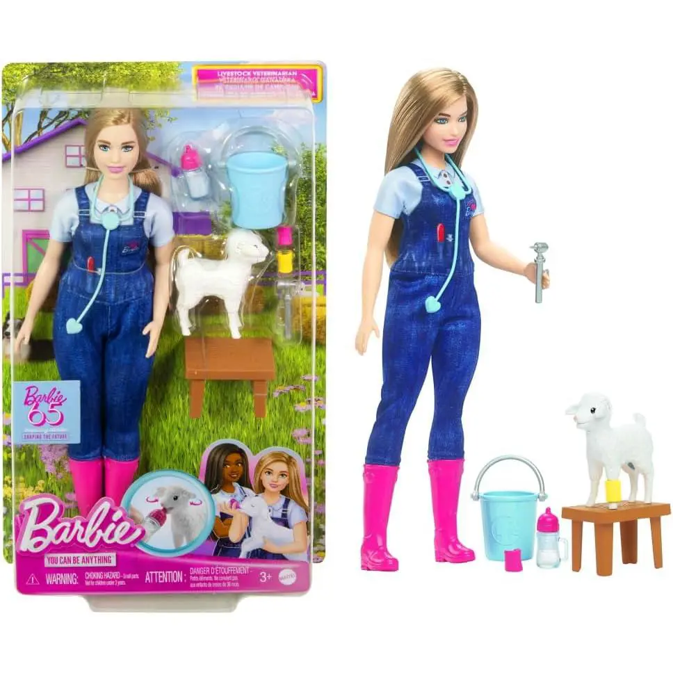 Barbie 65Th Anniversary Doll 10 Accessories Farm Veterinarian Set with Blonde