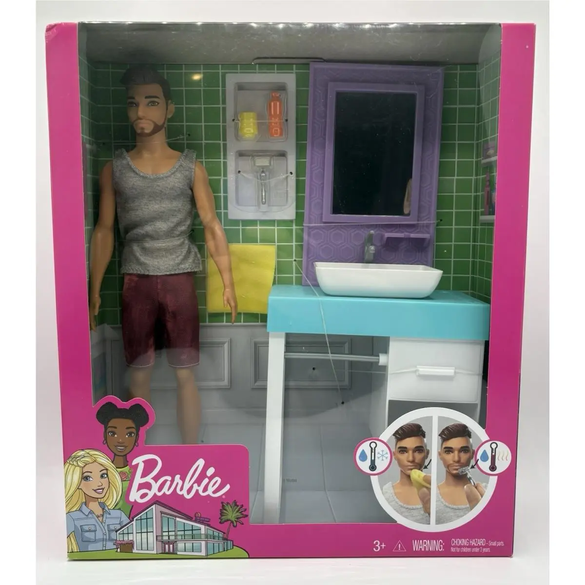 2018 Barbie “shaving Ken” Doll w/ Bathroom Vanity Playset FYK53 Brunette