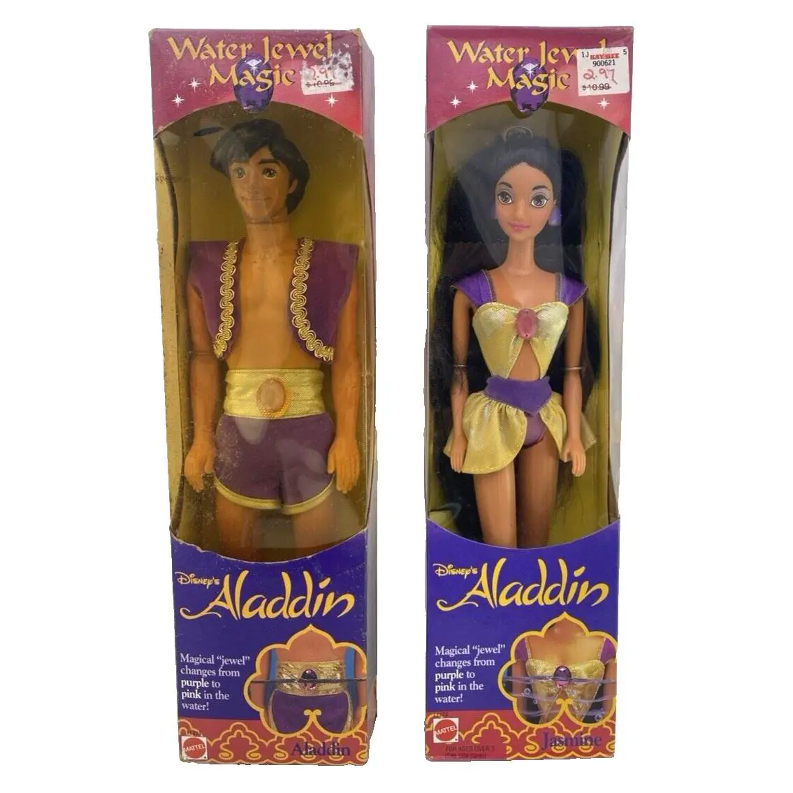 2-1993 Mattel Disney`s Aladdin Doll Water Jewel Magic Jasmine + Aladdin 12