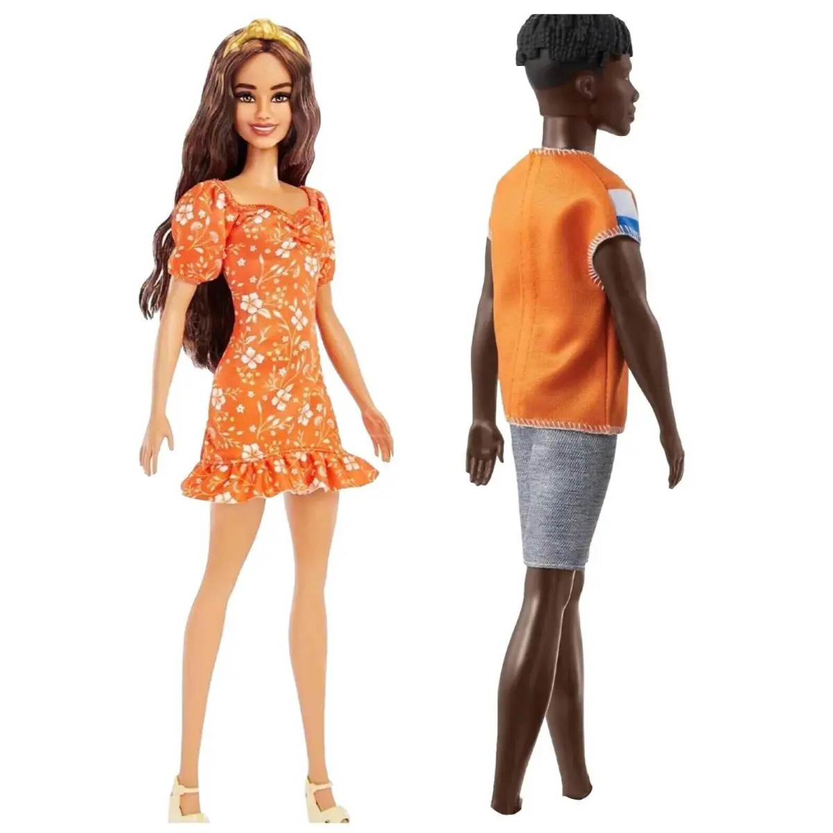 Barbie and Ken 2-Pack Hair Long Wavy Burnette+ Twisted Black Dreads Orange Tee