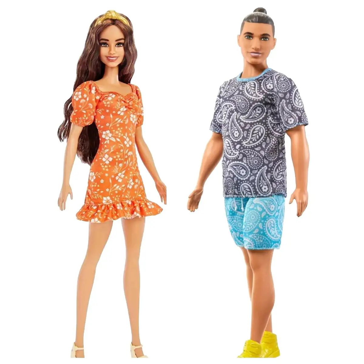 Barbie and Ken 2-Pack Hair Long Wavy Burnette + Brown Bun Paisley Tee Set 2