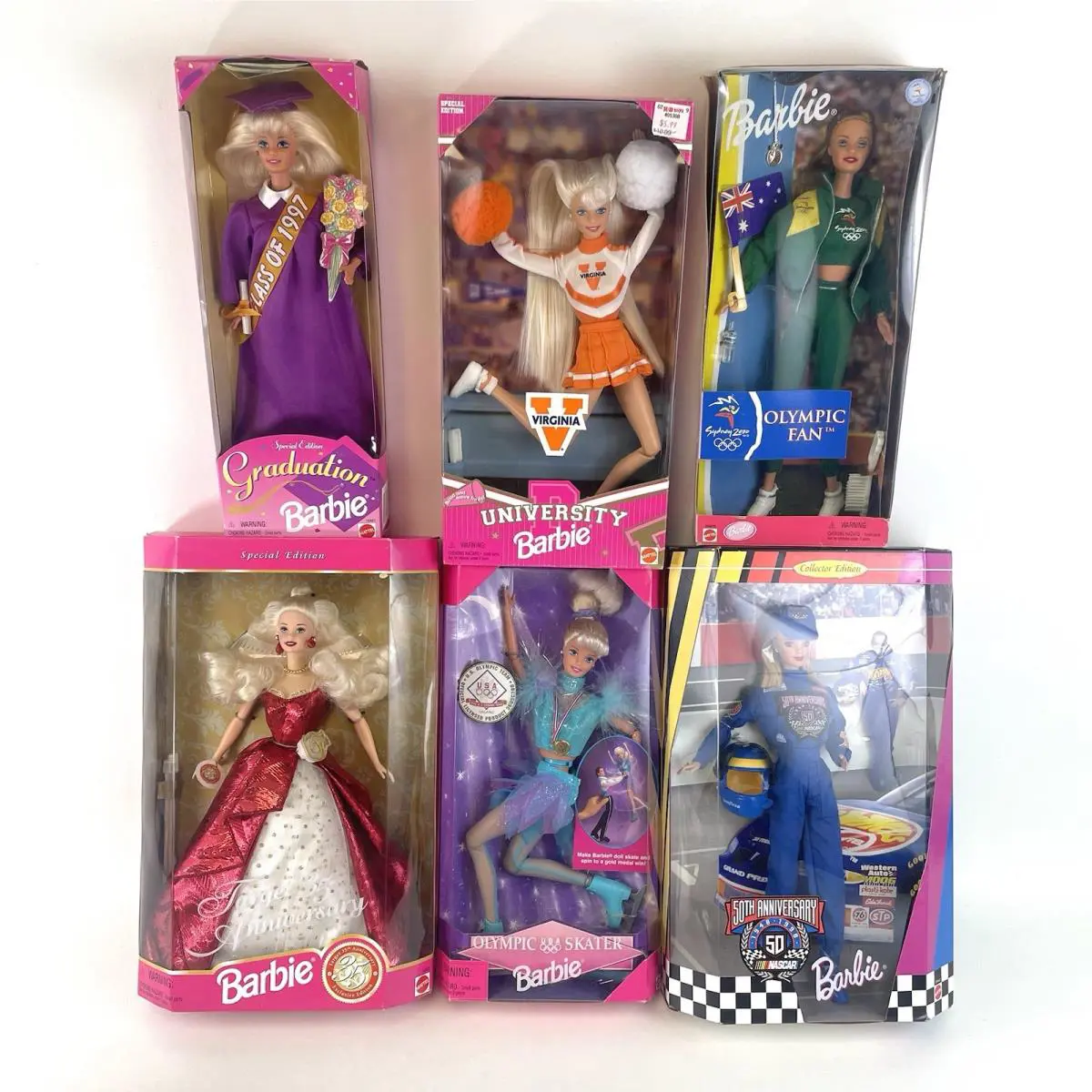 Mattel Barbie Doll Lot Graduation Olympic Skater Fan Nascar University
