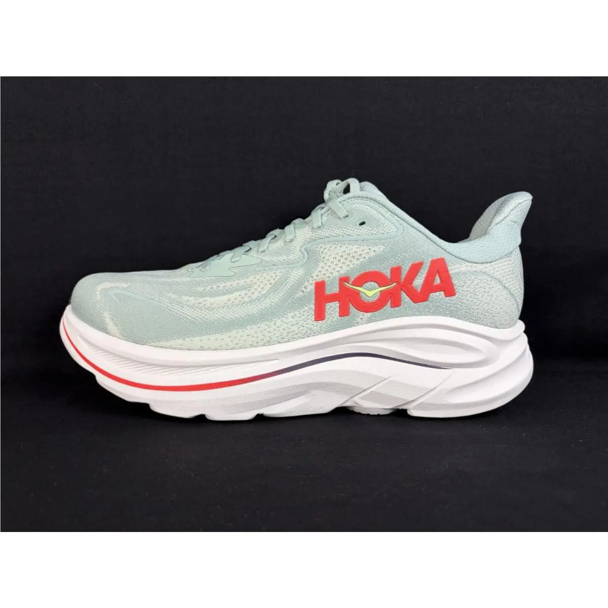 Hoka Clifton 10 Wide Running Shoes Men 11.5 2E Sage Neon Flame 1162032/SGNN