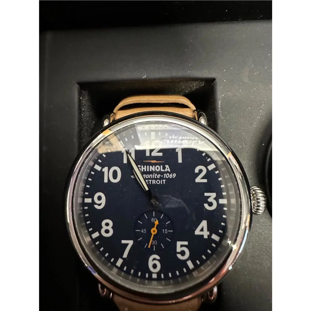 Shinola Runwell 41mm Mens Watch W/ Tan Leather Strap Dark Blue Dial Wood Box L
