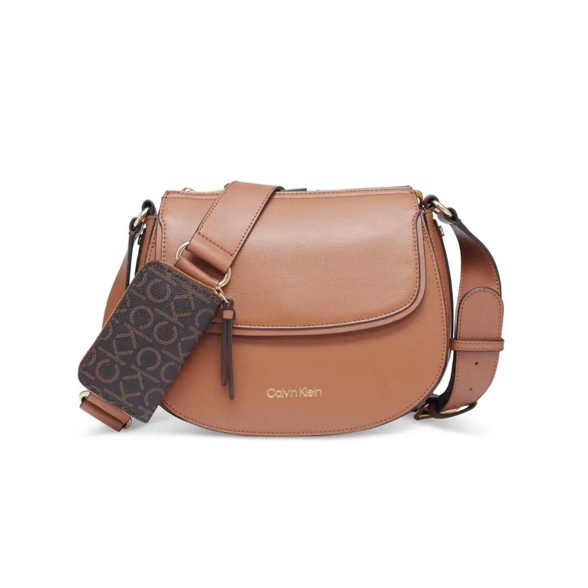 Calvin Klein Bella Faux-leather Adjustable Crossbody Bag + Zip Pouch Tan Brown