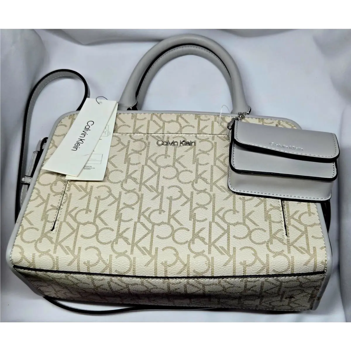 Calvin Klein Women`s Medium Satchel Handbag with Pouch CK Logo Vanilla/ Dove