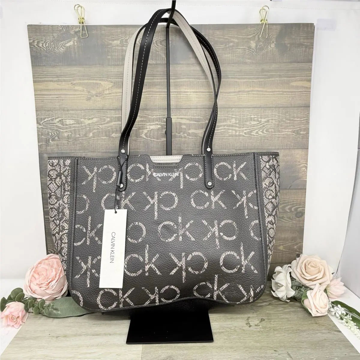 Calvin Klein Dilan Logo Tote Bag Womens Logo Purse Magnetic Closure