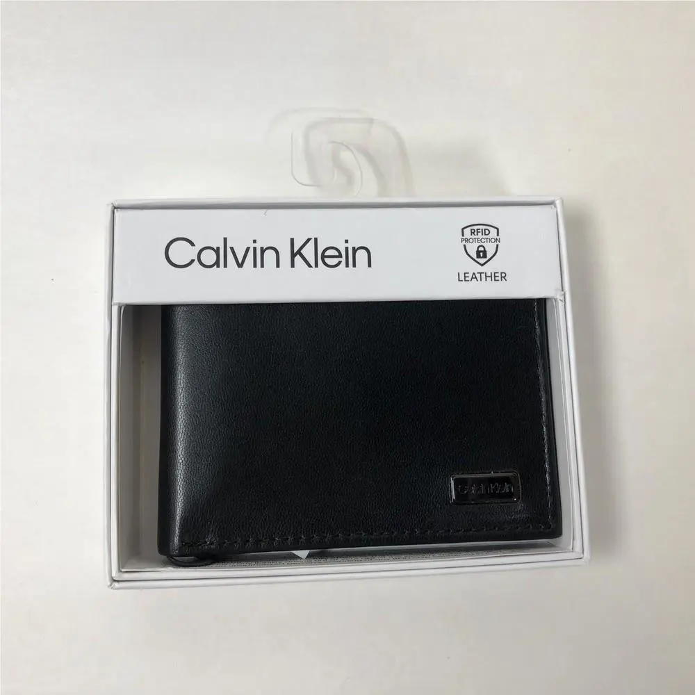 Calvin Klein Black Rfid Leather Wallet Bifold Flip ID CK Logo