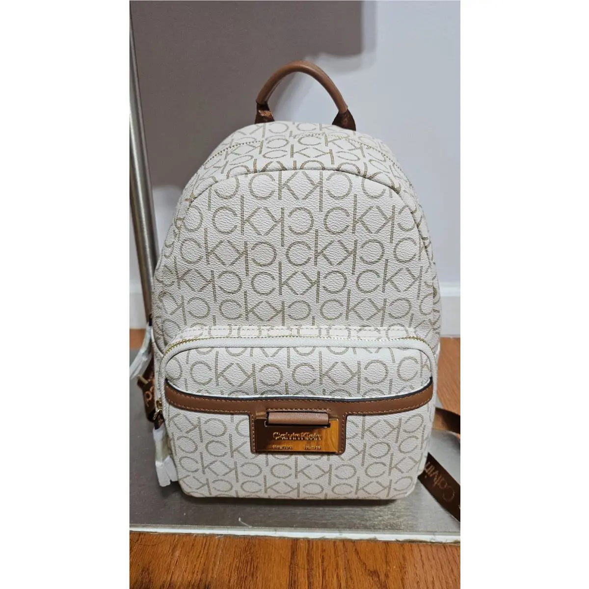 Calvin Klein Signature Leather Gold Logo Backpack Multicolor