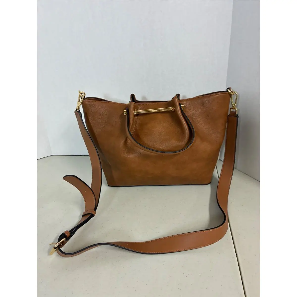Calvin Klein Luggage Brown Leather Tote Crossbody Bag Gold Hardware