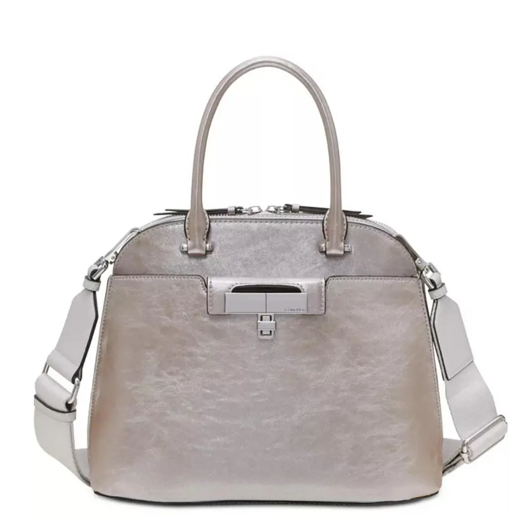 Calvin Klein Becky Metallic Convertible Women`s Satchel Crossbody Bag -platinum