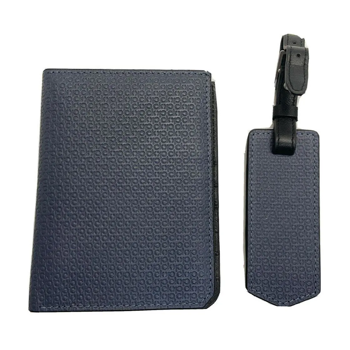 Calvin Klein Leather Allover CK Logo Wallet + Luggage Tag Gift Box Blue