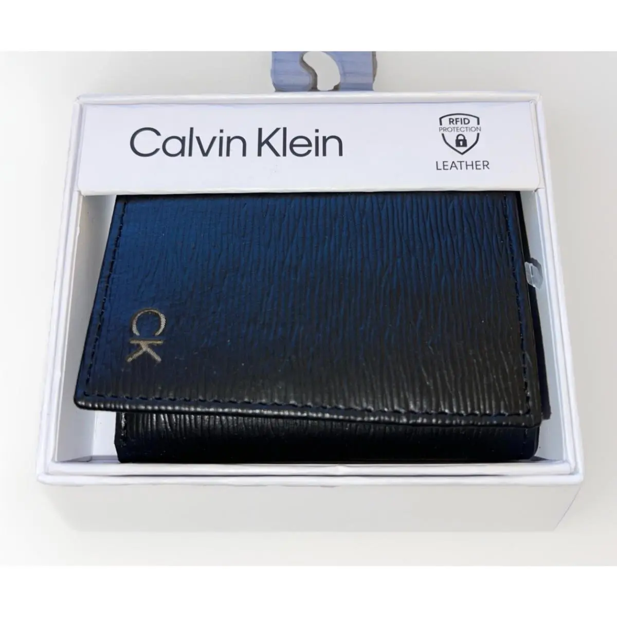 Calvin Klein Black Leather Rfid Wallet Slim Trifold Mens
