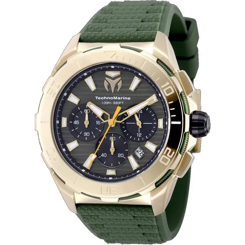 Technomarine Seven Seas Men`s 44mm Green Dial Gold Chrono Watch TM-725022 - Dial: Black, Green, White, Band: Green, Bezel: Gold, Green, Yellow