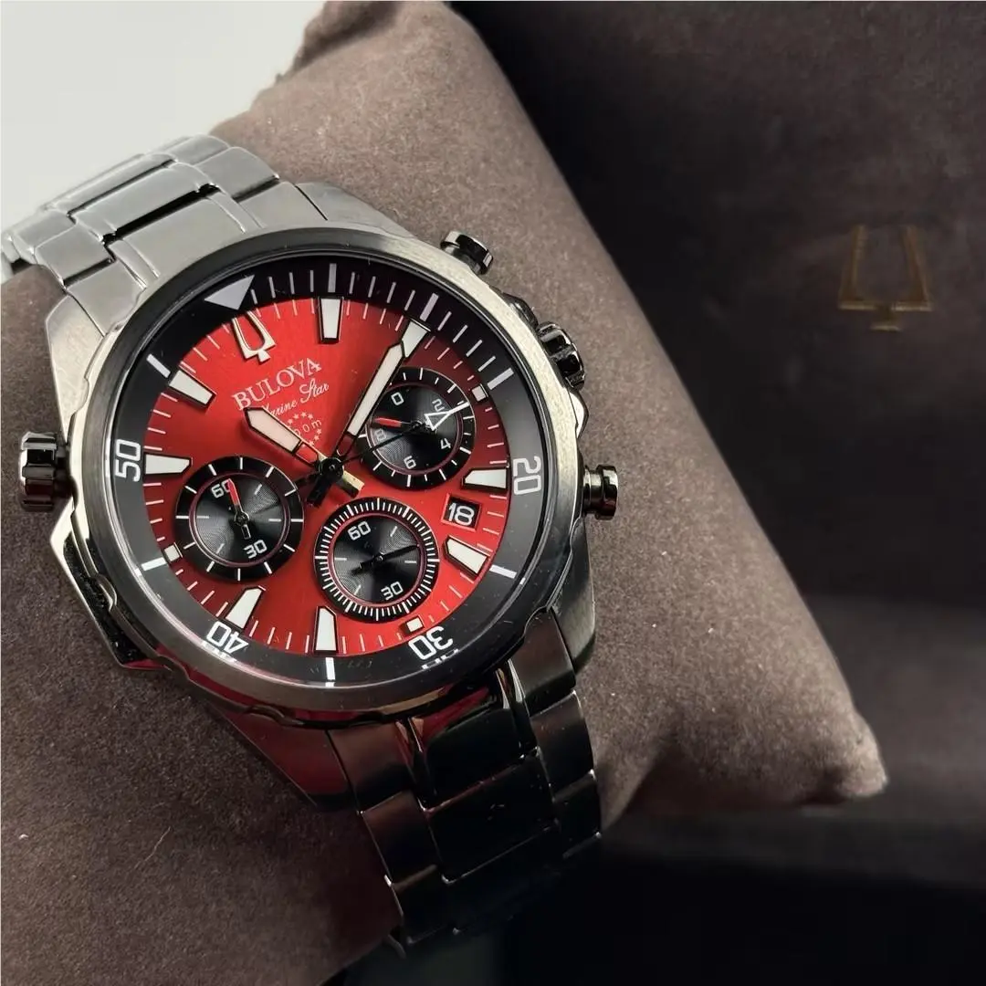 Bulova Men`s Marine Star 98B350 Quartz Chronograph Watch Red Dial 43mm