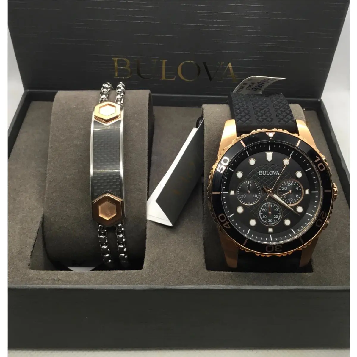 Bulova Men`s 98A192 Rose Gold 44mm Chronograph Rubber Strap Watch Bracelet Set