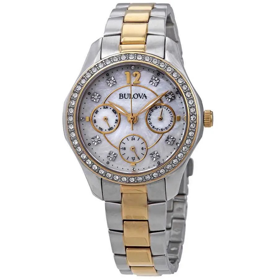 Bulova Crystal Mop Dial Two-tone Ladies Watch 98N114 - Dial: Mother of Pearl, Band: Two-tone (Silver-tone and Gold-tone), Bezel: Silver-tone