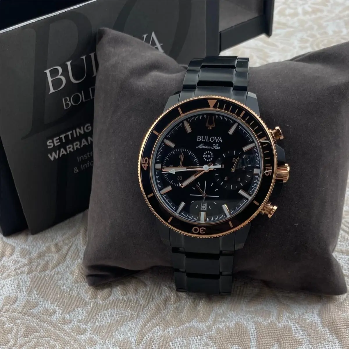 Bulova Marine Star 98B302 Black Dial Stainless Chronograph Quartz Men`s Watch