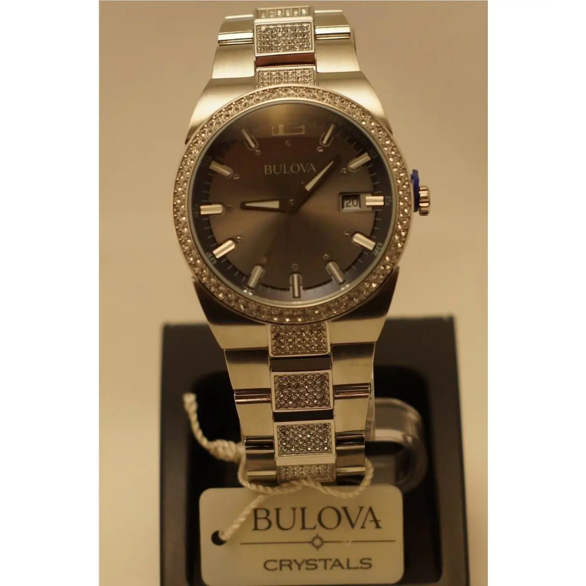 Bulova Men`s Crystal-accent Gray Dial Stainless Steel Watch 96B221