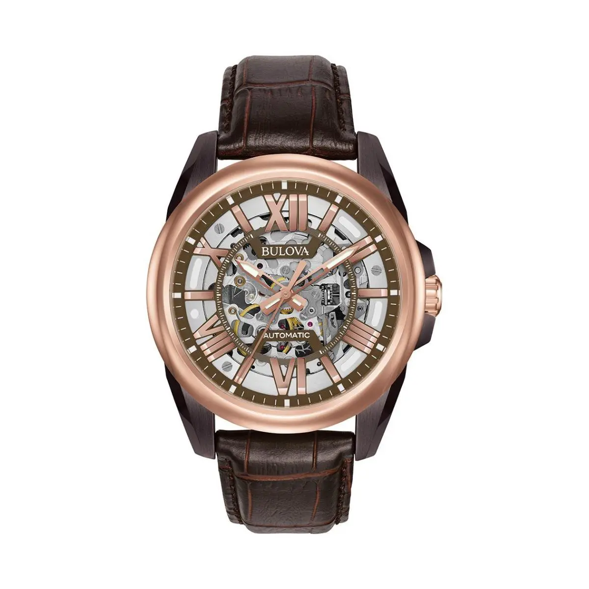 Bulova Sutton Rose Gold Dial Brown Leather Strap Classic Men`s Watch 98A165