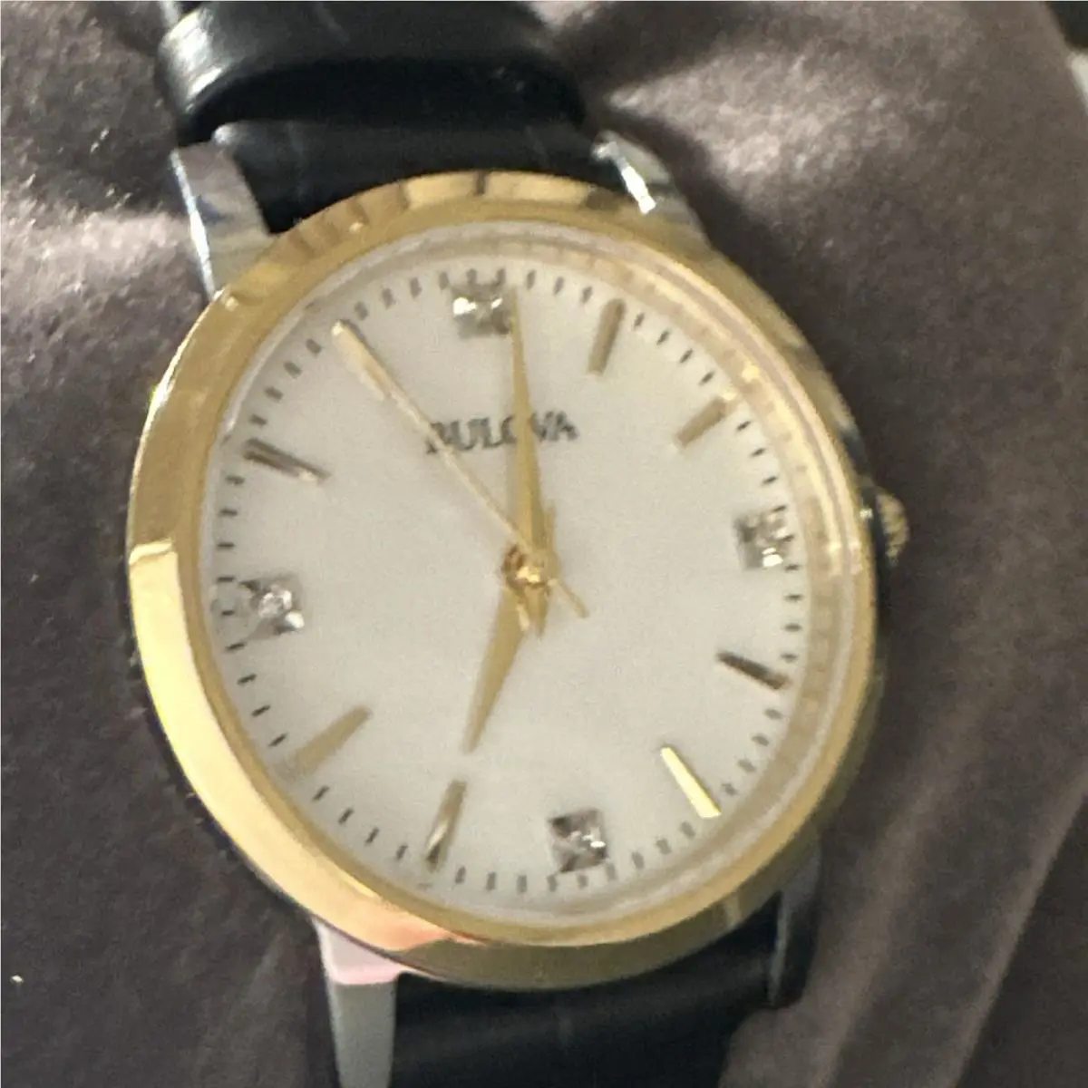 Bulova Women`s Diamond Accent Black Leather Strap 98P225