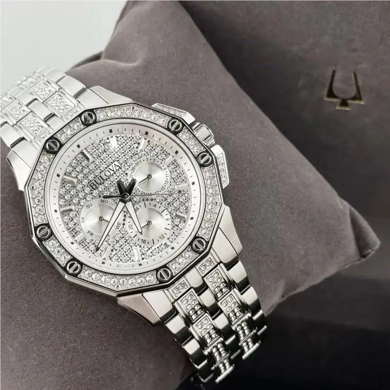 Bulova Octava Crystal 96C134 Silver Dial Chronograph Quartz Men`s Watch 41.5MM
