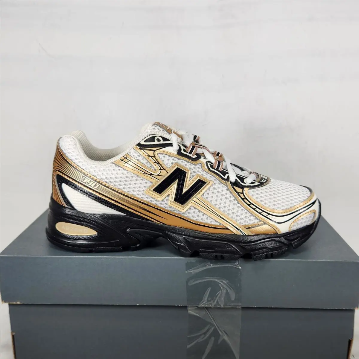 Size 4 Big Kids - New Balance 740 - Sea Salt / Black / Gold Metallic - GR740GM