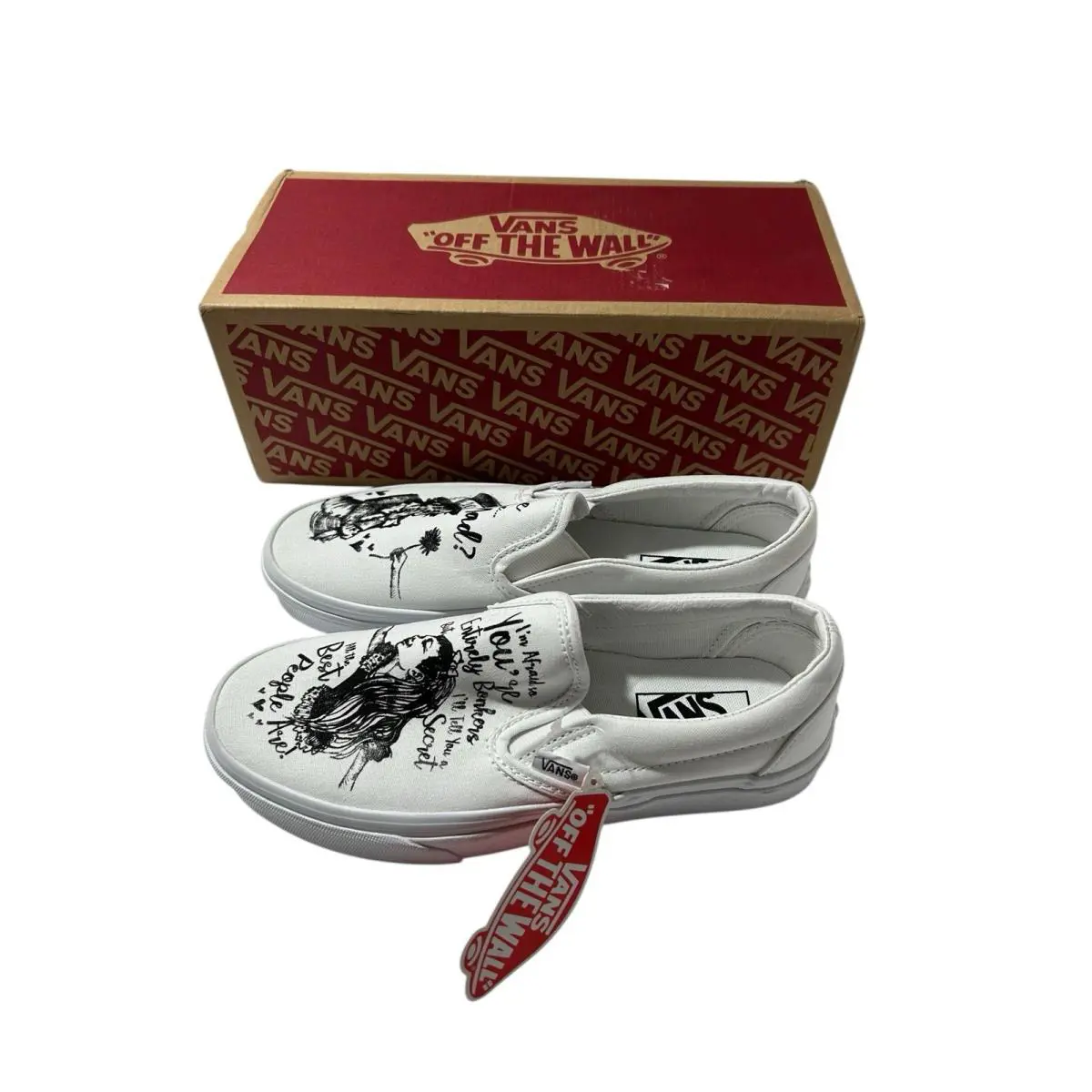Vans Womens Sneakers Sz 7.5 Off The Wall Alice In Wonderland Slip Ons Wht Custom