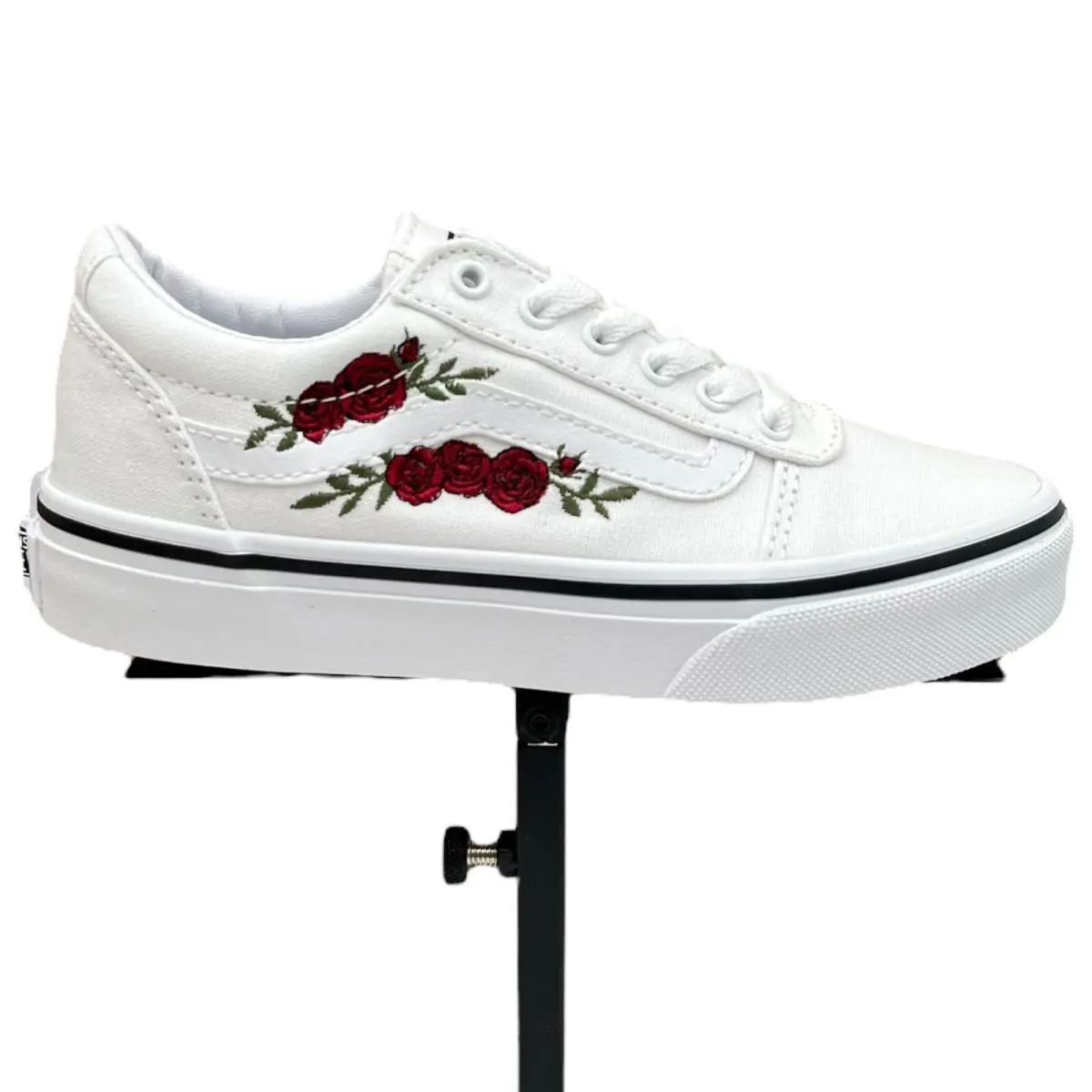 Vans Youth Girl`s Canvas Casual Shoes Size 1Y White-red Rose Embroidery Lace up