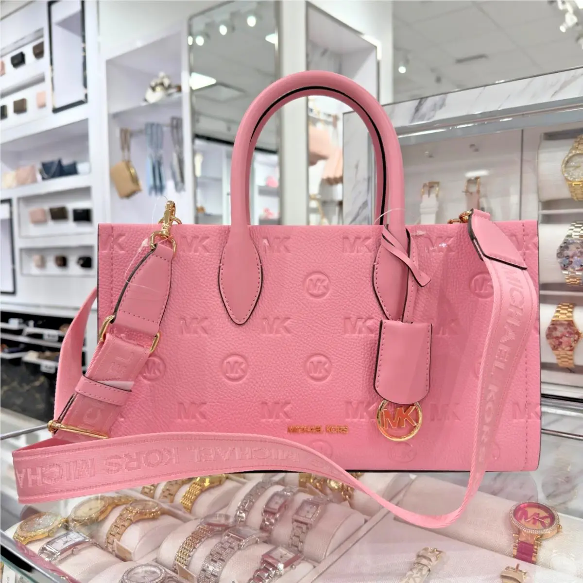 Mirella Medium Satchel MK Signature Logo Embossed Bag Carnation by Michael Kors