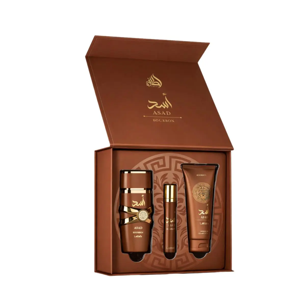 Lattafa Asad Bourbon 3 Pcs Giftset Edp 100ML 12ML Spray 100ML Gel
