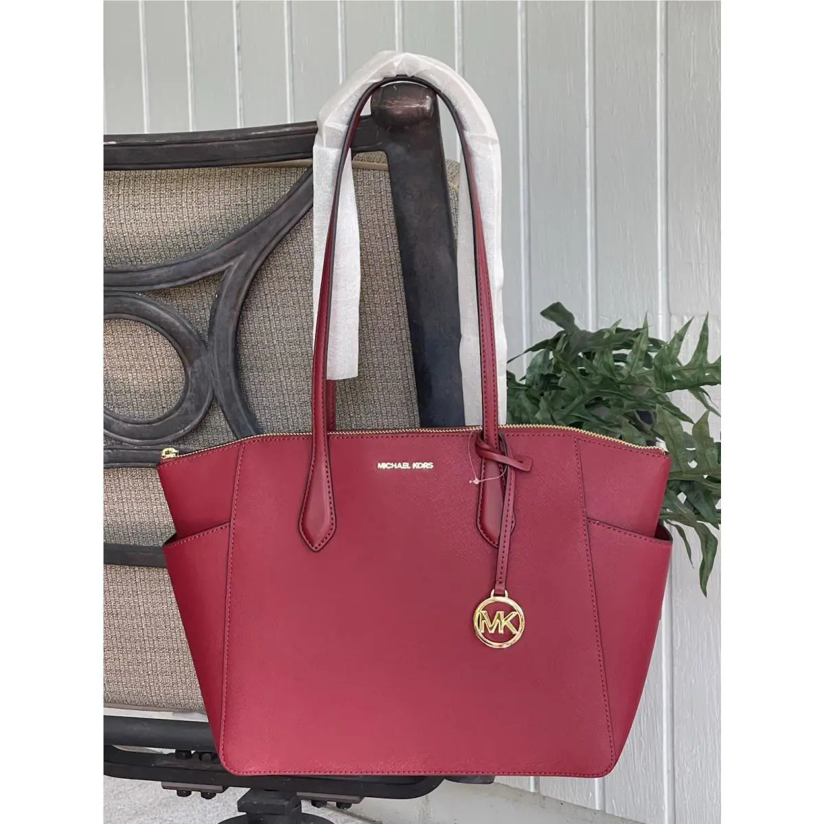 Michael Kors Marilyn Medium Large Zip Tote Shoulder Bag MK Cherry Merlot Leather