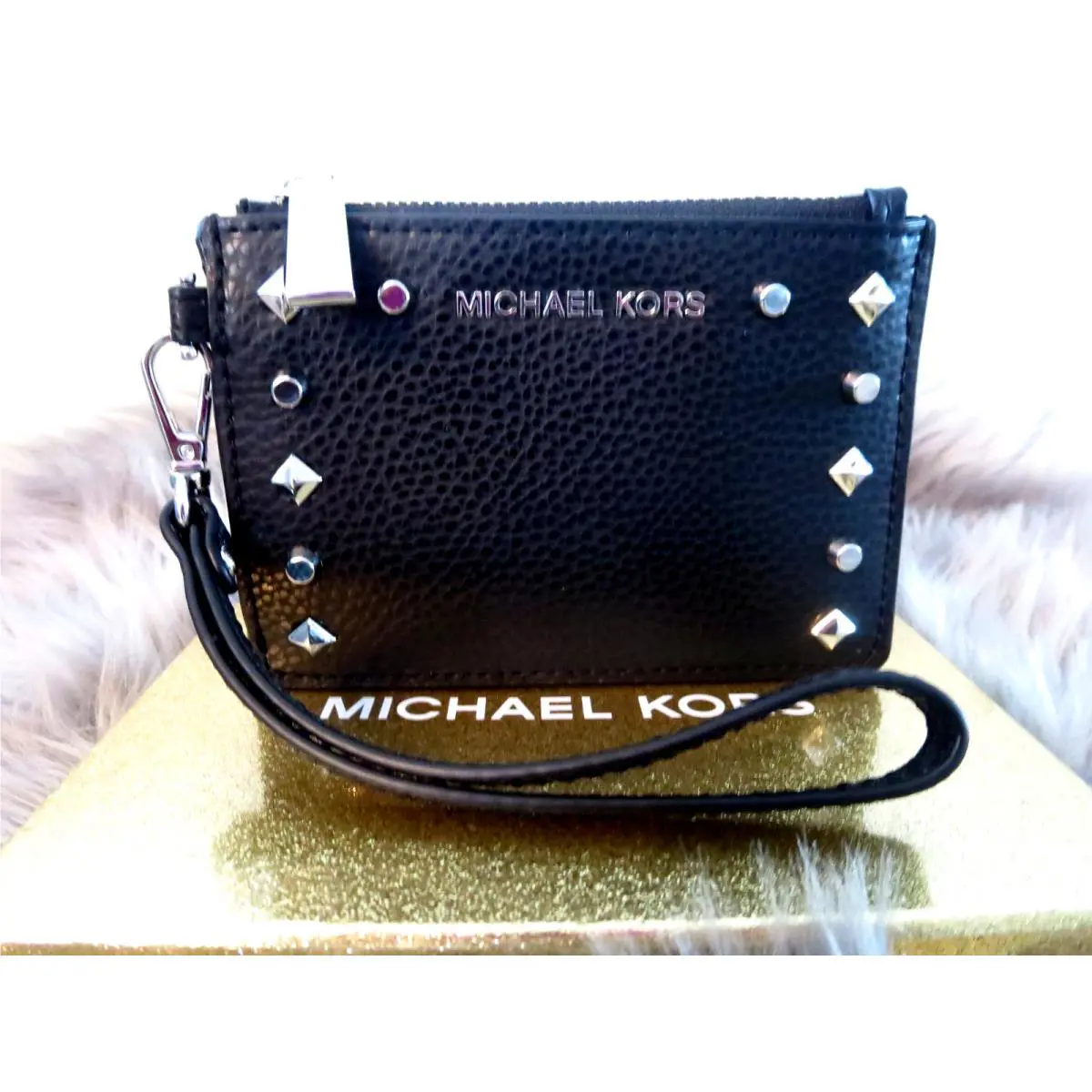 Michael Kors Jet Set Black Leather Stud Small Coin Wallet Purse -gold Boxed-new
