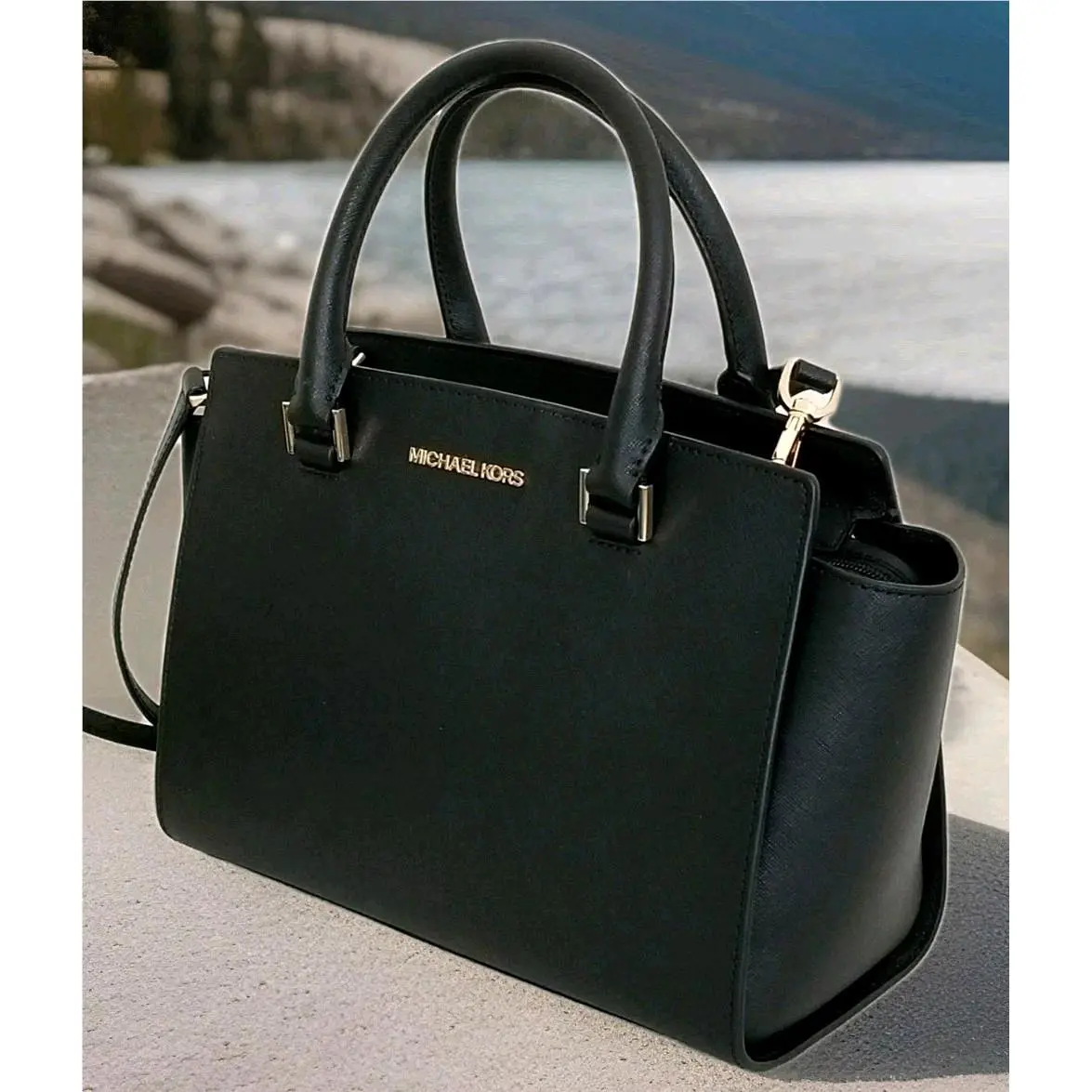 Michael Kors Selma Black Saffiano Leather Crossbody Medium Satchel Bag