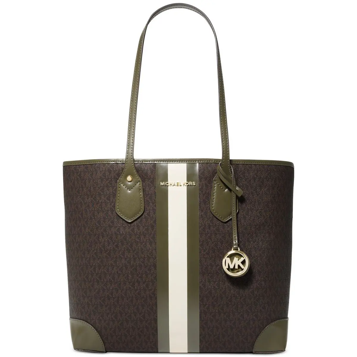 Michael Kors Eva Stripe Large Tote Bag Brown Olive 30T9GV0T7B - Handle/Strap: Green, Hardware: Gold, Exterior: Brown