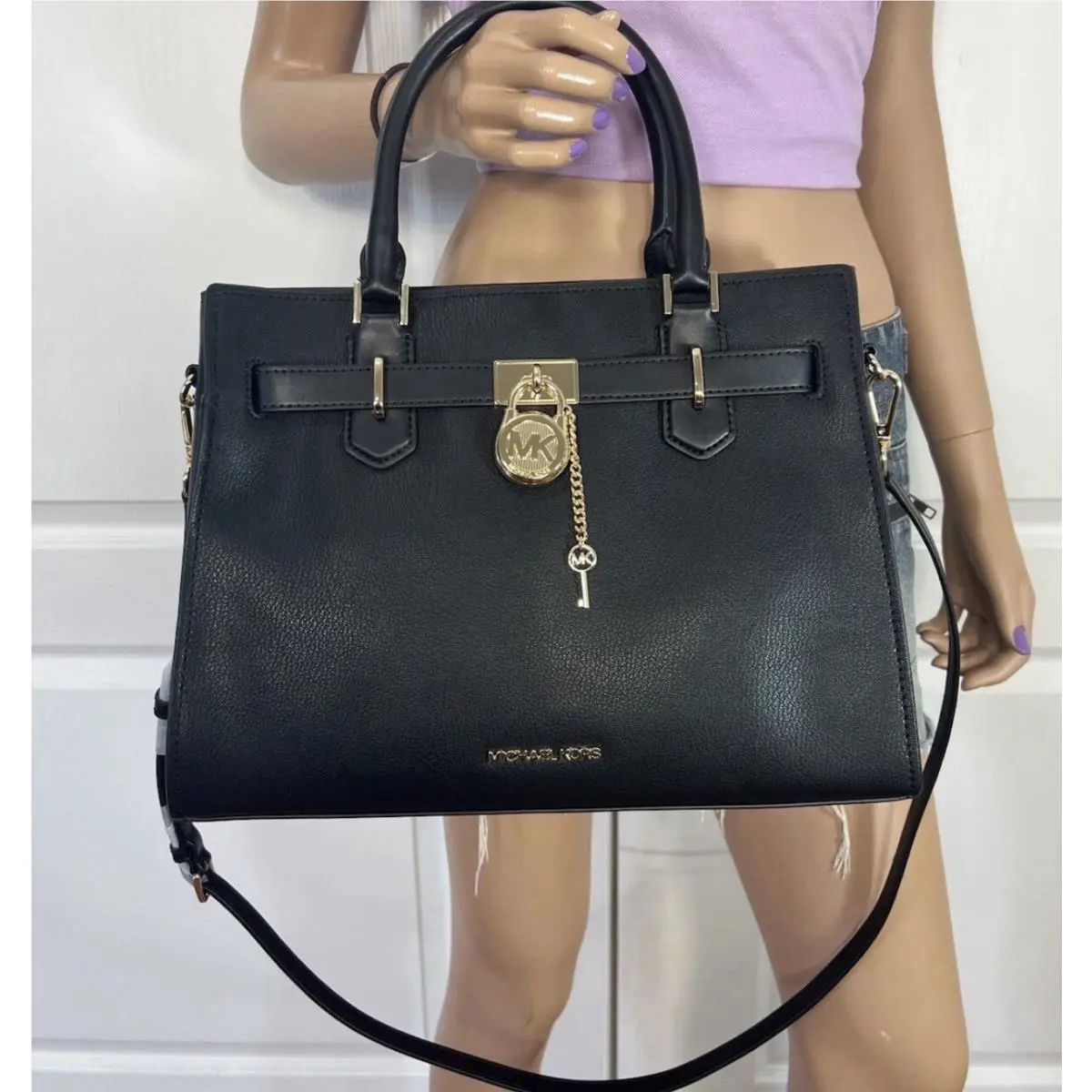 Michael Kors Hamilton Black Leather Medium Satchel Bag Handbag Purse Tote MK