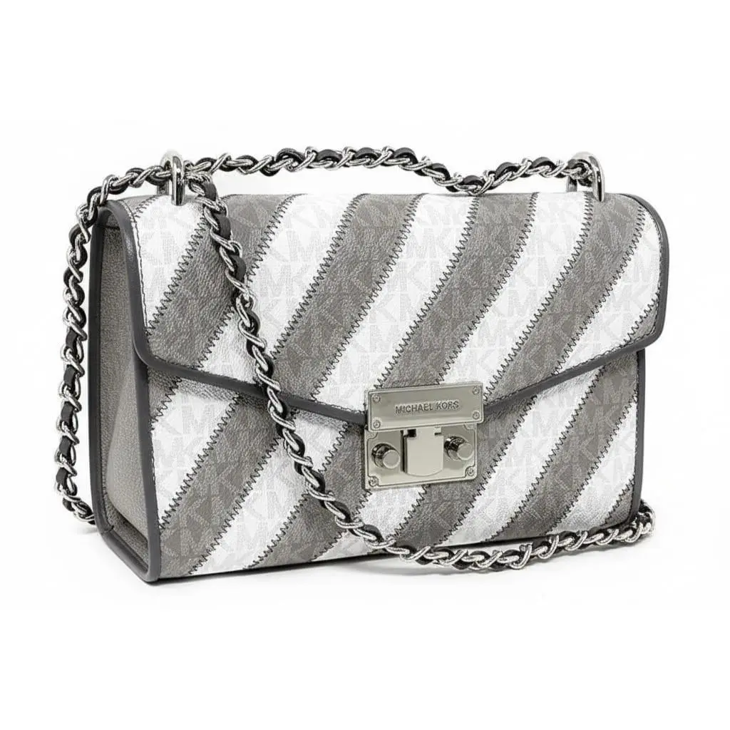 Michael Kors Rose Medium Leather Shoulder Crossbody Bag Grey White