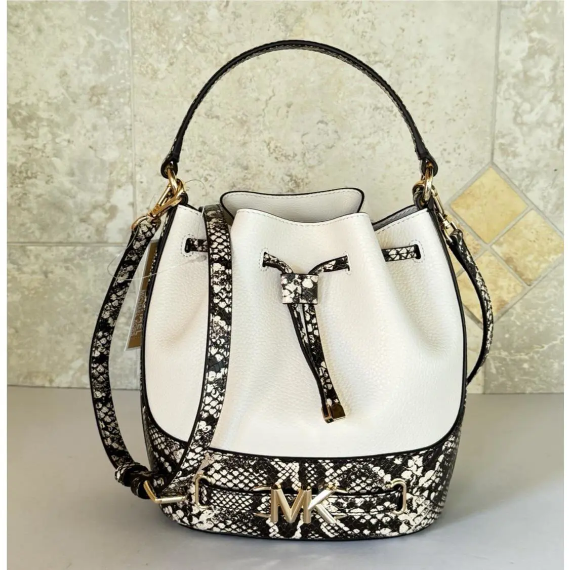 Michael Kors Reed MD Top Handle Bucket Crossbody Bag Exotic Natural/light Cream