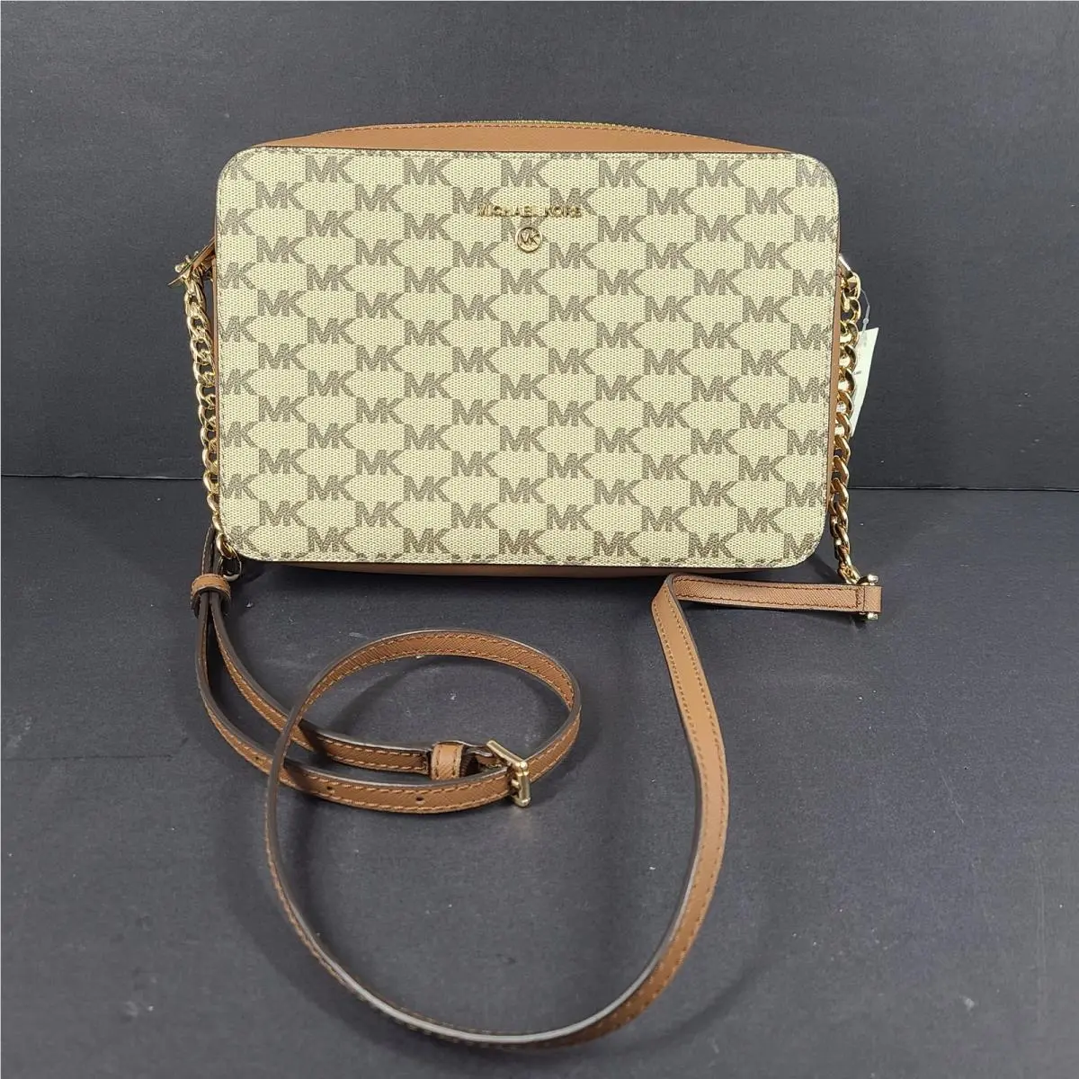 Michael Kors Jet Set Charm Leather Crossbody Logo Large East/west Bag Brown Gold