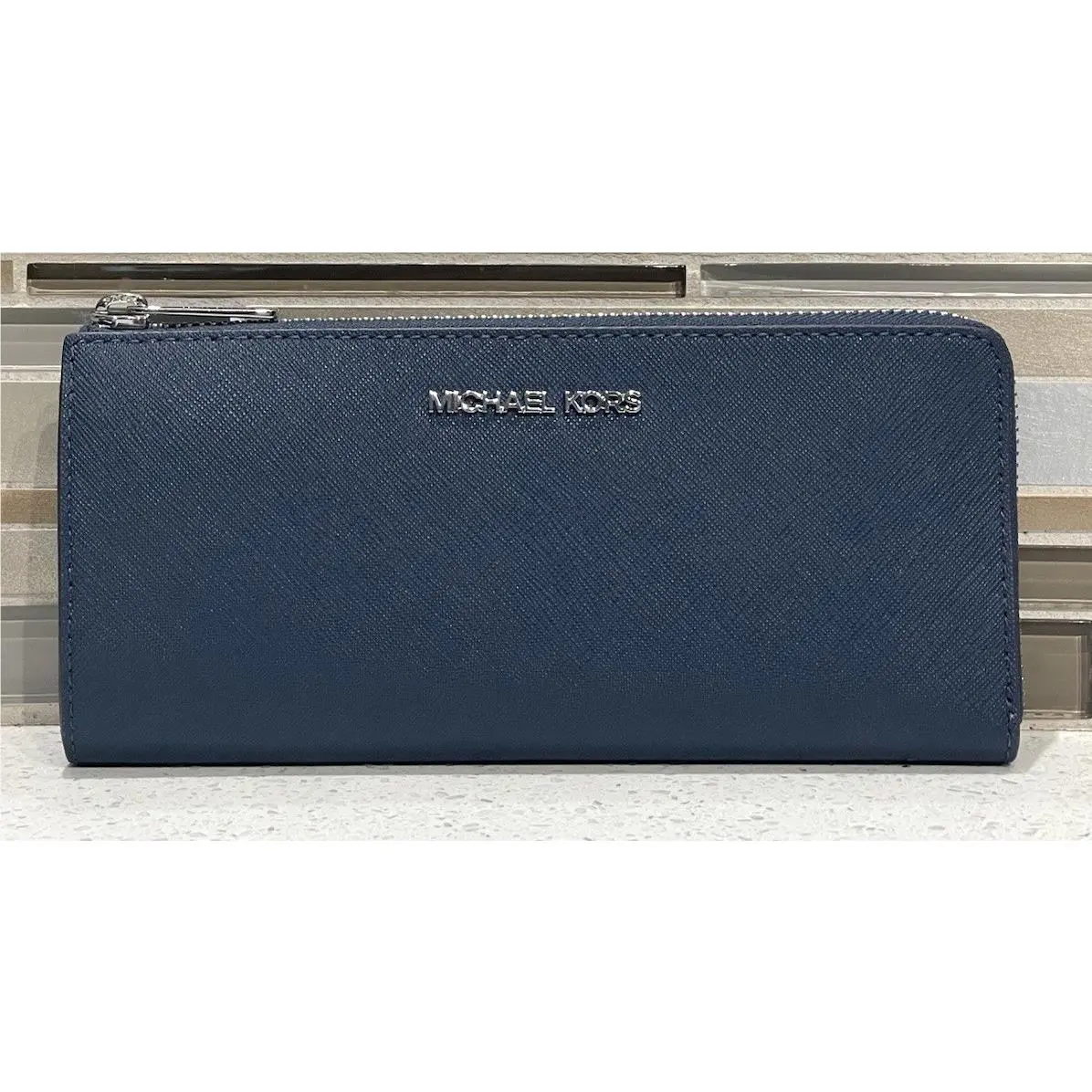 Jet Set Large Travel Three Quarter Zip Wallet Navy Leather Silver by Michael Kors