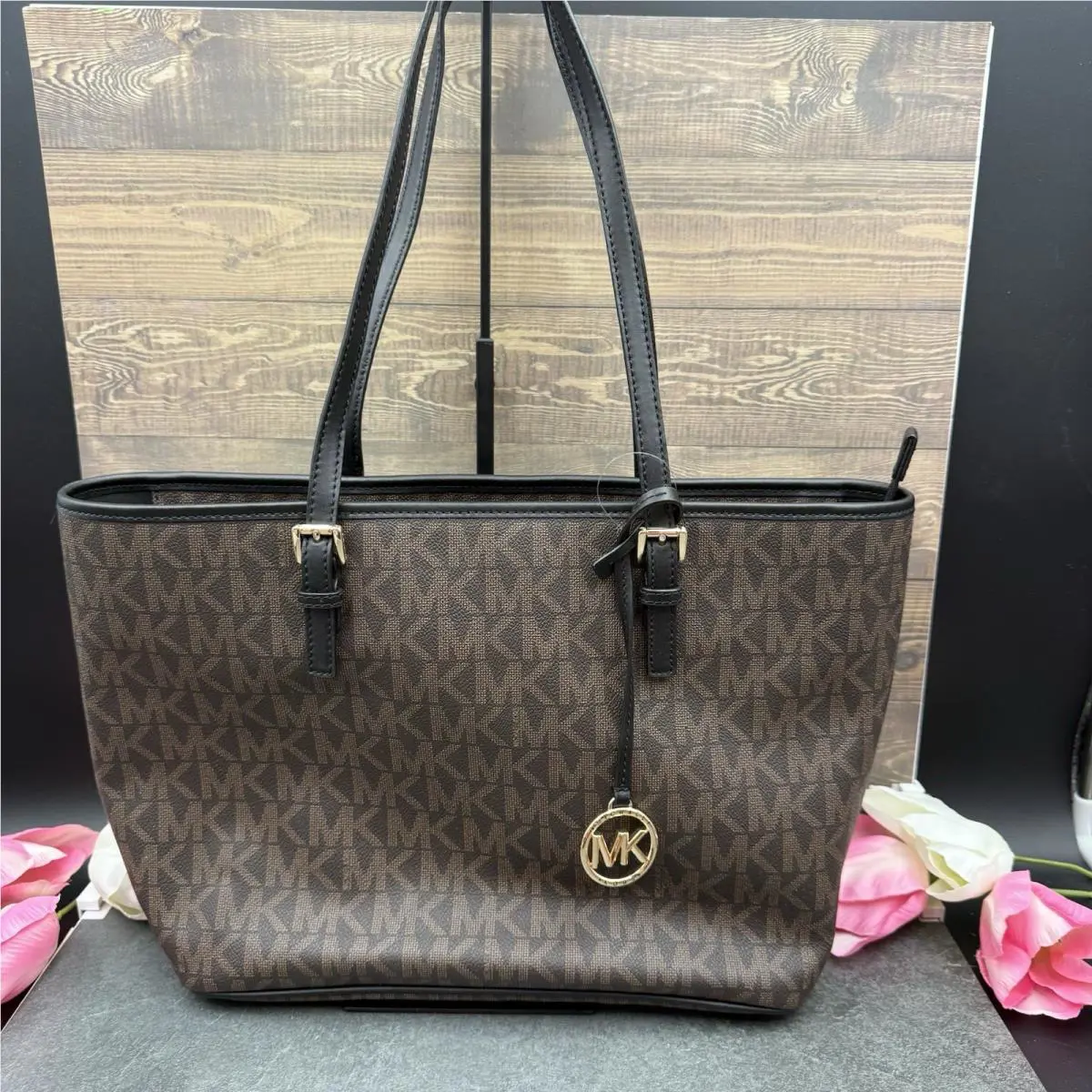 Michael Kors Jet Set Charm Large Brown Black Monogram Tote Bag Shoulder Purse