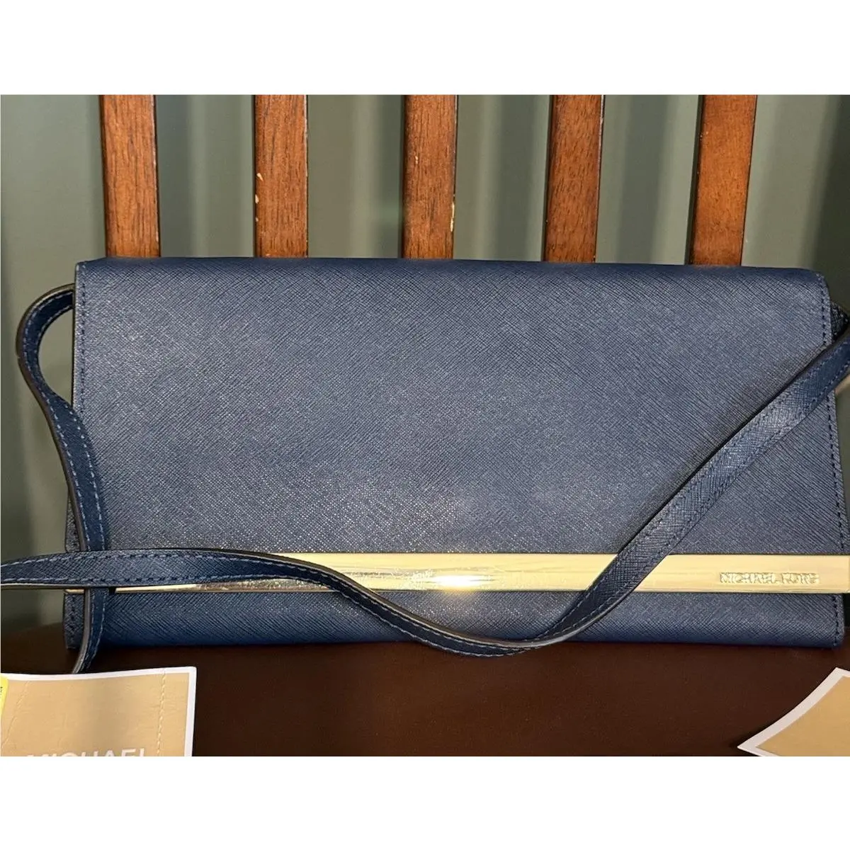 Michael Kors Tilda Clutch Bag Convertible Shoulder Navy Blue Leather Gold